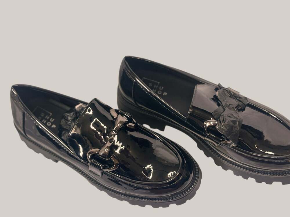 SHU SHOP Tatiana Black Patent Lug Sole Loafers with Bit Detail